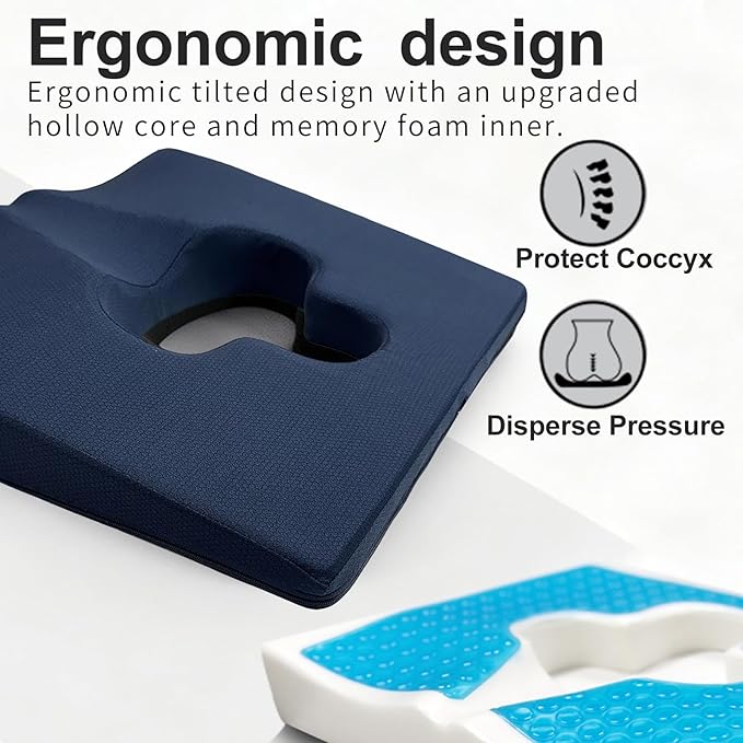 Gel Wheelchair Seat Cushion,Bed Sore Cushions for Butt,Office Chair Pressure Sore cushion,Memory Foam Pillow for bed,Pressure Ulcer Pain Relief,Relieve Sciatica,Coccyx,Washable Cover(Set Blue)