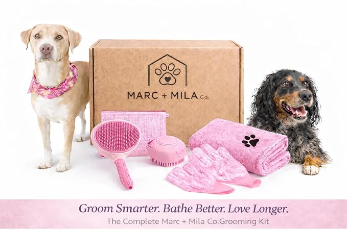 6-Piece Dog and Cat Grooming Kit - Self Cleaning Slicker Brush, Deshedding Brush, Bath Brush with Soap Dispenser, Grooming Bath Gloves, Microfiber Towel and Storage Pouch (Pink)