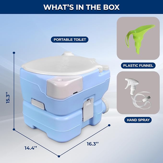 SereneLife 4 Gal Portable Camping Toilet For Adults, 100+ Flushes, Porta Potty Camp Toilet with Phone Holder, Hand Sprayer, Plastic Funnel for Camping, Hiking, and Boating