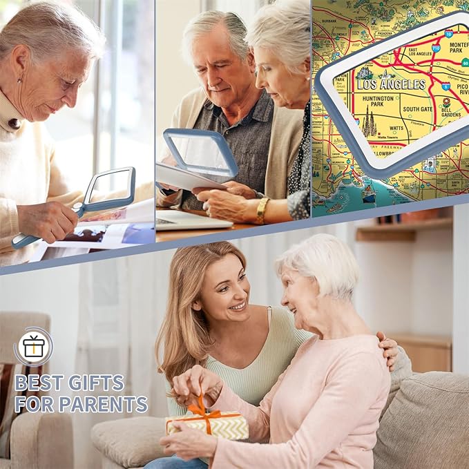 Magnifying Glass for Reading, Rechargeable 5X Large Page Magnifier with Light, Folding Handheld Dimmable Rectangle Lighted Magnifier for Reading Book Small Print for Seniors Low Vision, Blue White