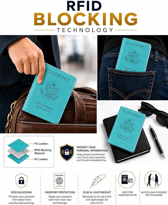 Ciana Passport Holder for Travel, RFID Passport Wallet, Leather Passport Cover & Card Holder for Men & Women, Slim Travel Wallet, Passport Case (Turquoise)