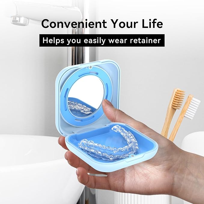 HEMILAB® Retainer Case, Slim Aligner Case with Vent Holes, Compatible with Invisalign, Mouth Guard Case with Mirror, Cute Orthodontic Retainer Case with Retainer Removal Tool and Brush, Blue