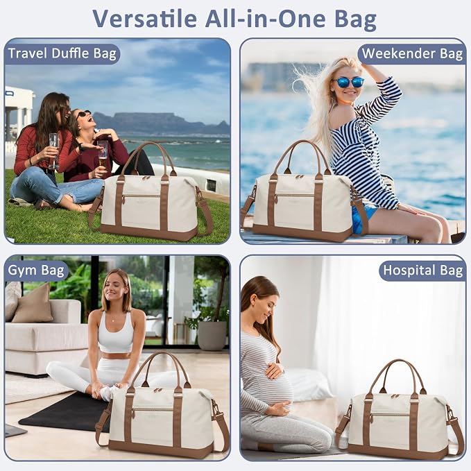 ELONGRIVER Travel Duffle Bag for Women, Weekender Bags, Hospital Bag for Labor Delivery, Lightweight Tote Duffel Overnight Bag with Luggage Sleeve, Airplane Travel Bags with Toiletry Bag, Large, Beige