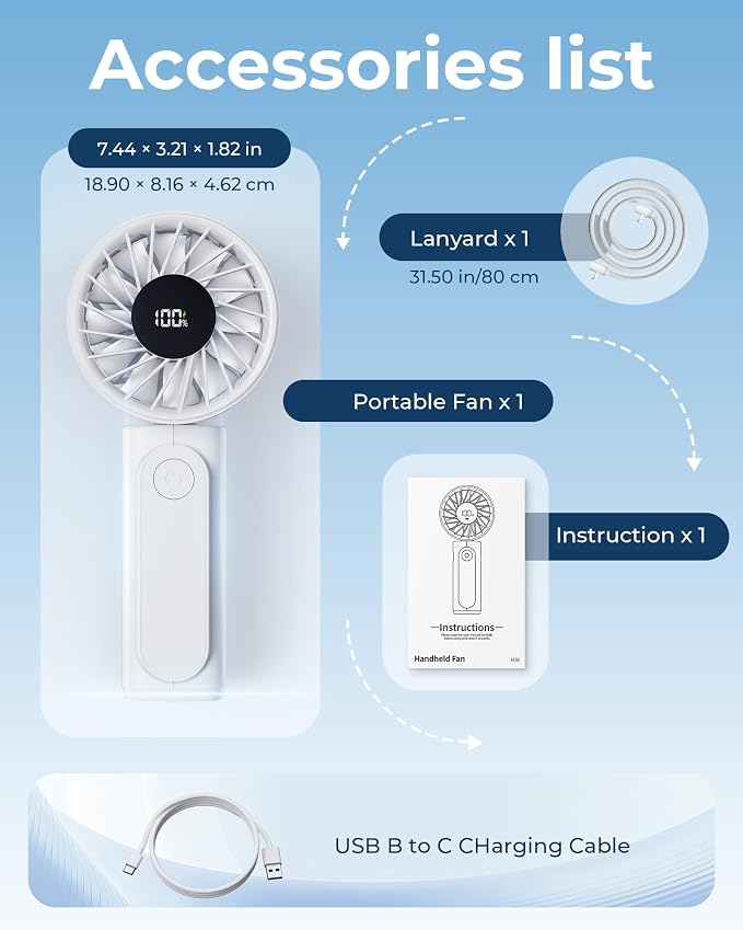 Peiyuu Handheld Portable Fan, 4000mAh USB Rechargeable Personal Fan, 180° Foldable Mini Desk Fan with 6 Wind Speed, LCD Digital Display, Lanyard as Neck Fan, Ultra Quiet