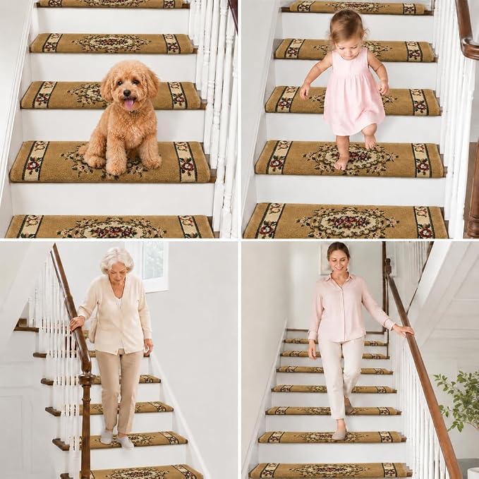 Rounded Bullnose Carpet Stair Treads for Wooden Steps Indoor, No Tape Non Slip Step Mats with TPU Backing & Steel Reinforced Edge for Dogs Elders,Beige Floral,14