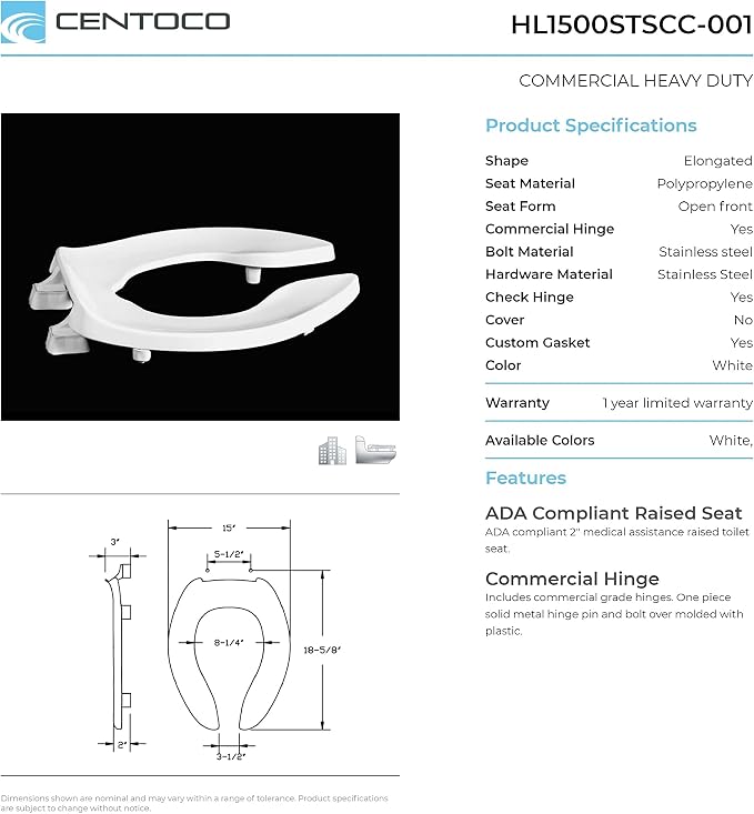 Centoco 2 inch Raised Toilet Seat for Seniors, Elongated, Commercial, White | Plastic, Open Front No Cover, Made in the USA, HL1500STSCC-001