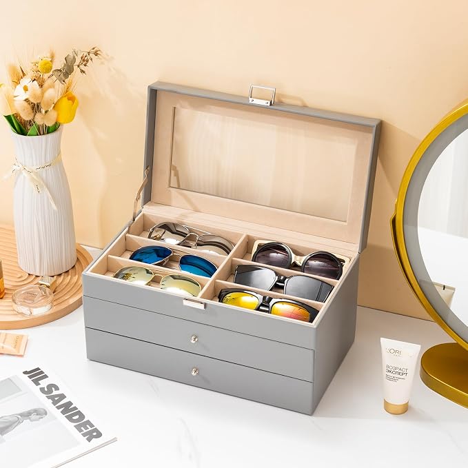 ProCase 3-layer Sunglasses Storage Organizer, 18 Slots Leather Sunglass Box Multiple Pairs Eyeglass Cases Eye Glass Eyewear Display Holder for Men Women, Valentine's Day Gift -Grey