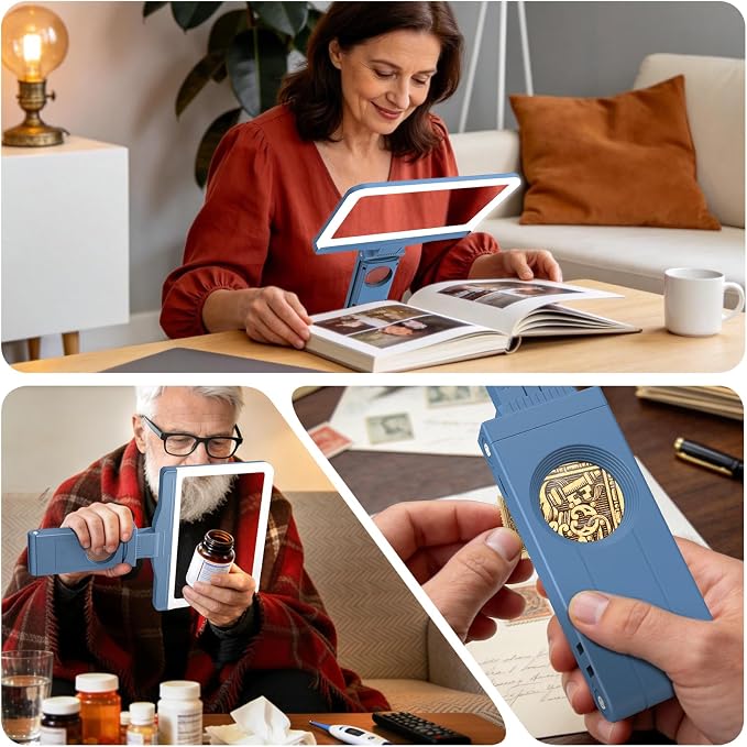 30X 6X Rechargeable Magnifying Glass for Reading, Large Full Page Magnifier with Folding Stand, 3 Color Light Modes, Dimmable LED Lighted, Hands Free Book Magnifier for Low Vision Seniors, Blue