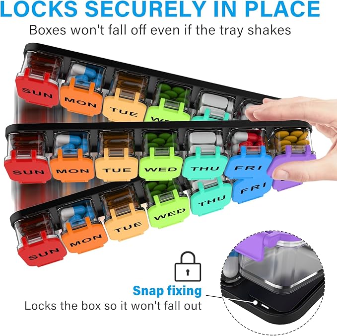 Extra Large Weekly Pill Organizer 7 Day - Portable Daily Pill Box with 7 Detachable Compartments, Vitamin Holder and Medicine Organizer for Supplements, Home and Travel, Rainbow