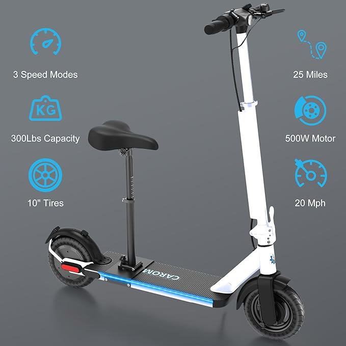 Caroma Electric Scooter with Seat Option,500/350W Motor Up to 25/20 Miles Range & 25/20 MPH Speed,9" Tires,Adjustable Electric Scooter for Adults,Foldable Commuting