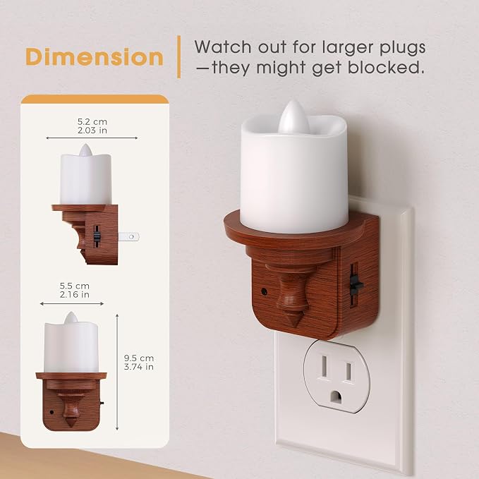 Candle Night Light, Vintage Night Lights Plug into Wall Dimmable | Light Sensor, 0-100LM Adjustable Brightness, Nightlight Plug in, 3000K Soft White Nightlight for Kids Hallway Bathroom