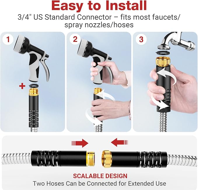 Lefree 25FT Stainless Steel Garden Hose | Lightweight Kink‑Free Leak‑Proof with Upgraded Rubber Sleeve, 10‑Pattern Nozzle for Patio, Backyard, Car Washing & Pet