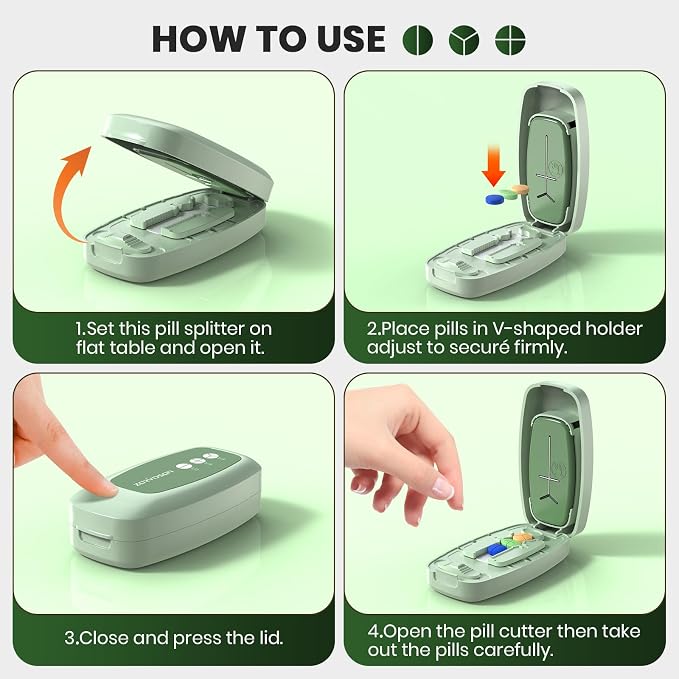 Pill Cutter Splitter for Small and Tiny Pills, Anti-Slip Silicone Pad Holds Pills Steady, Adjustable Pill Cutter for Accurate 1/2 1/3 1/4 Cutting, Sharp Stainless Steel Blade with Safety Guard