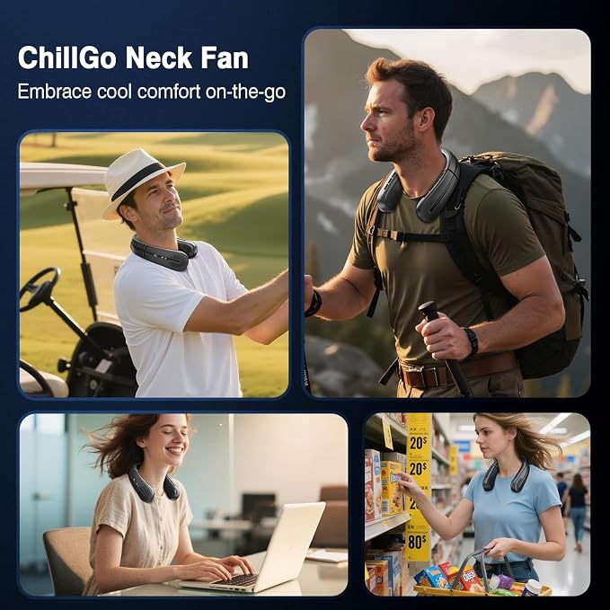 ChillGo Portable Neck Fan, 8400 RPM Enlarged Turbo Airflow, 5200mAh Personal Wearable Fan - Max 16H Cooling, LED Display, 4 Speeds, Foldable, Gifts for Men Women - Iceland Basalt