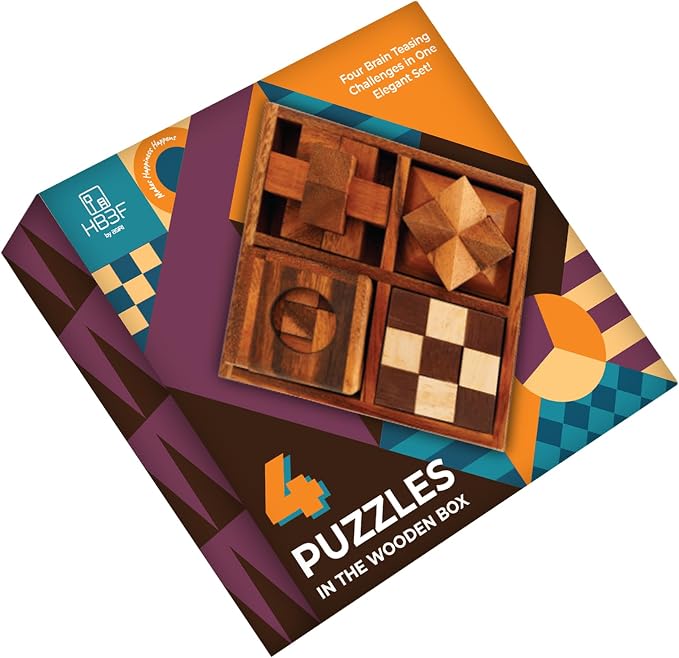 BSIRI 4 in 1 Wooden Brain Teaser Puzzles for Adults - Challenging 3D Desk Wood Puzzles Set Interlocking Hand Games for Mind Toys Suits for Rustic Patio Decor Unique Gift Office Decoration