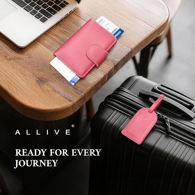 ALLIVE Rfid Passport Holder for Travel Women, Rfid Passport Cover Wallet, Genuine Leather Passport Holder for Travel with AirTag Hidden, Gift Set with Luggage Tag in Premium Gift Box (Rose Pink)