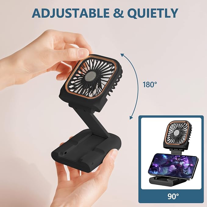 Portable Handheld Fan with Phone Holder, 3000mAh Power Supply USB Rechargeable Neck Fan, Foldable Small Fan 0-180° Adjustable, Ultra Quiet Personal Cooling Fan for Travel Office Home