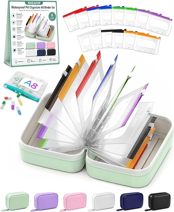 Waterproof Pill Organizer A8 Binder Set Pill Pouches for Travel 14PCS Bags Inside Large Zippered Pouch Bpa-Free Weekly Medicine Air Tight Pocket Color-Coded Reusable Travel Storage System