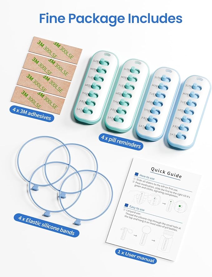 Betife 4-Pack Pill Reminder Tracker - Elastic Lanyard & 3M Stickers, Reusable Medication Reminder for Most Pill Bottles, Daily Habit Tracker for Seniors & Busy Adults