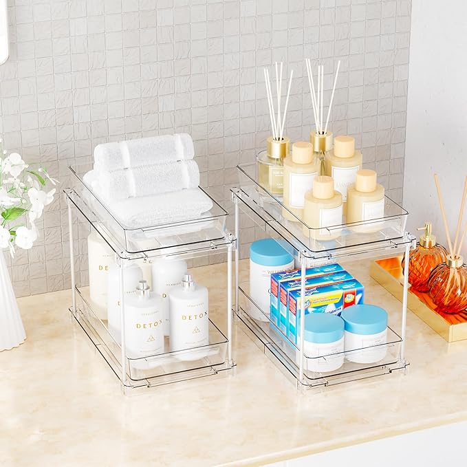 Yieach 2 Pack 10.6″ High Pull Out Medicine Cabinet Organizer for Vitamin,Pill Bottle and Supplement,2 Tier Slide out Under the Sink Organizer,Bathroom Vanity Storage and Cupboard Undersink Organizers