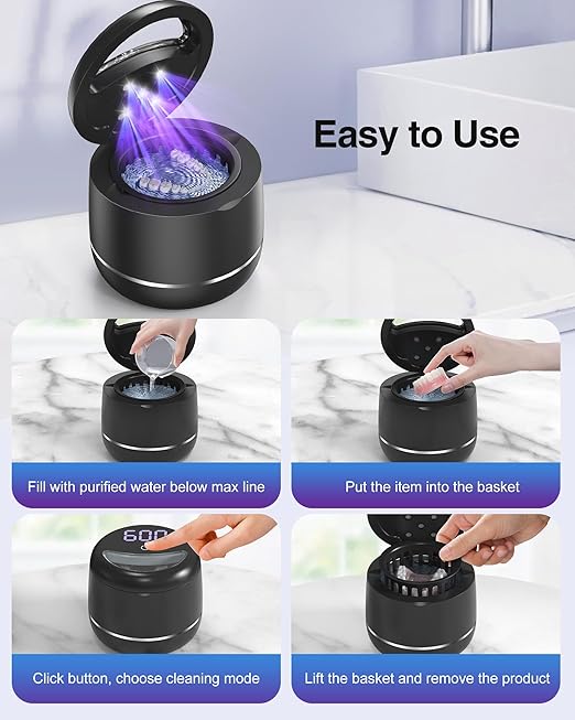 Ultrasonic Retainer Cleaner, 48kHz Denture Cleaner Machine with Dual Mode Digital Timer for Braces, Night Guard, Mouthguard, Toothbrush, Jewelry, 7.8OZ Dental Cleaning Pod