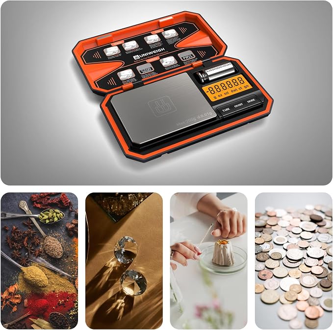 UNIWEIGH Digital Pocket Scale 200g/0.01g, Digital Scale Grams,6 Units Conversion Jewelry Scales,Coins Scale with LCD Display,Tare Function for Food,Powder,Small Items(Battery Included)-Orange