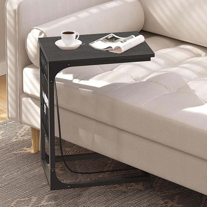 TUTOTAK C Shaped End Table with Charging Station, Side Table for Sofa | Couch Table with Storage Bag, TV Tray with 2 USB Ports and Outlets, Living Room and Bedroom, Black TB01BK024