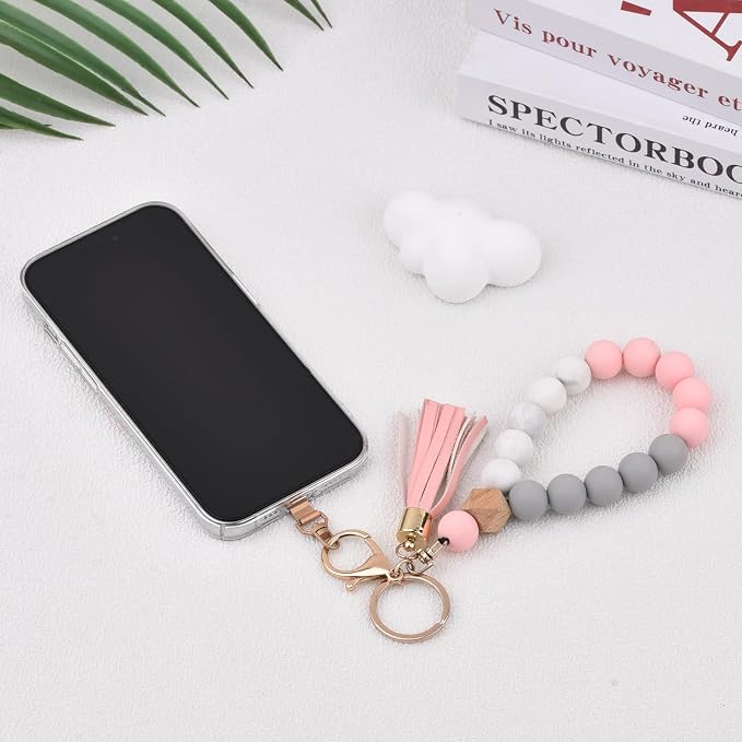 BAOSIWA Silicone Key Ring Bracelet Wristlet Keychain Unique Beaded Bangle Key Chains for Women with Leather Tassel