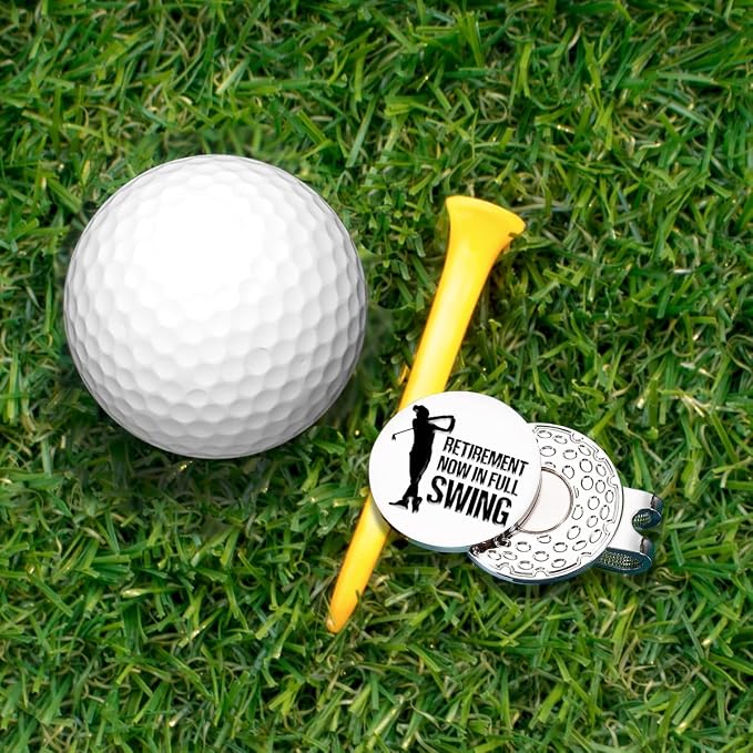 Hafhue Retirement Now in Full Swing Golf Ball Marker with Magnetic Hat Clip, Funny Golf Accessories and Golf Gift for Men Women Dad Grandma Grandpa, Birthday Retirement Gift for Golfer Golf Lover