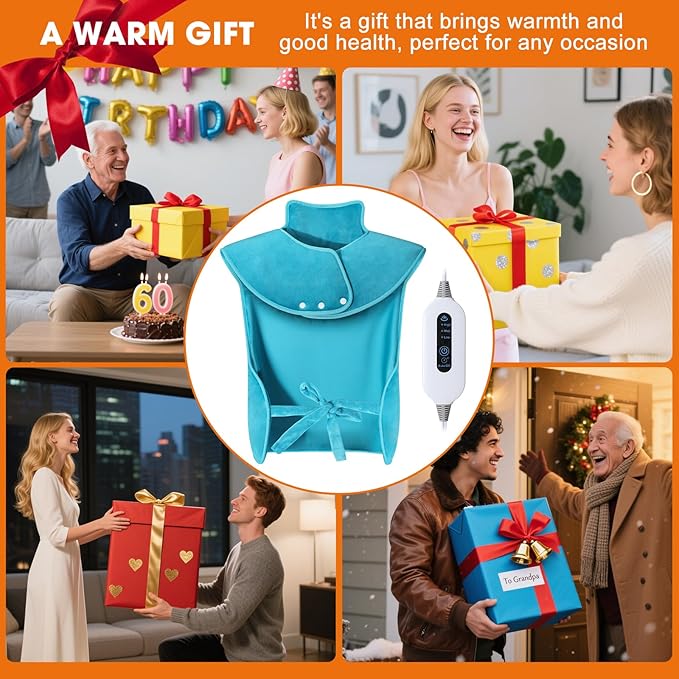 Heating Pad for Back Neck Shoulders, Large Wearable Relax Muscles, Birthday Gifts for Women Men Mom Dad Elderly, 3 Heat Settings/2-Hour Safe Auto-Off, 24"×37" Ergonomic Fit Design-Blue