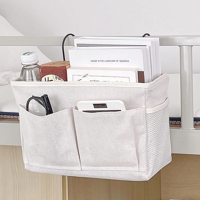 Bedside Caddy Organizer Hanging Storage Basket with Large Pockets & Hooks, Heavy-Duty Canvas Bedside Organizer for Bunk Beds, Dorm Rooms, Hospital Beds & Small Spaces (Gray Triangle Pattern)