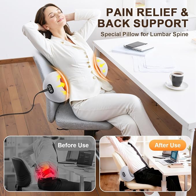 FunBy 3-in-1 Electric Lumbar Support Pillow,Triple Fusion Back Massager with Heat,Vibration&Traction,Back Support Pillow for Bed and Chair,Lumbar Support Pillow for Lower Back Pain Relief-LightGray
