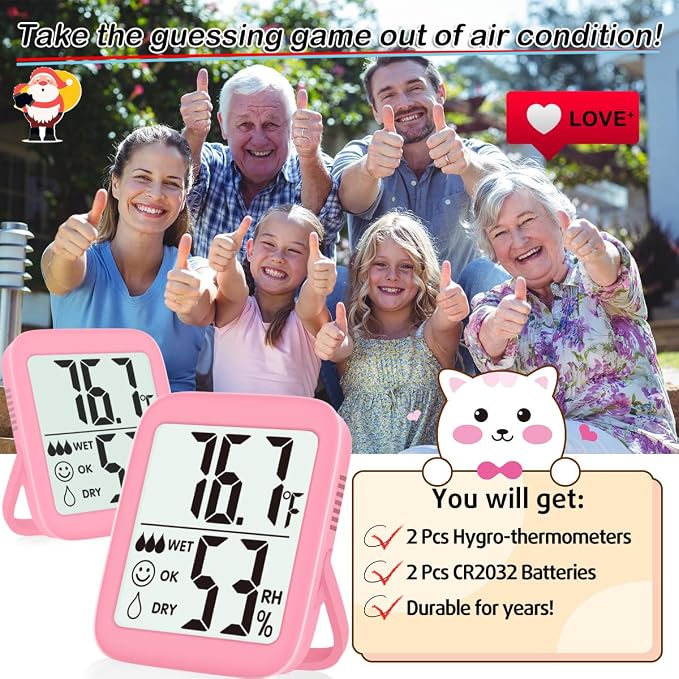 2 Pack Room Thermometer Indoor Hygrometer | Monitor Temperature & Humidity, Accurate, Fast Read, Easy To View, Magnetic/Kickstand/Hanging, ℉/℃, w/ Battery, Compact
