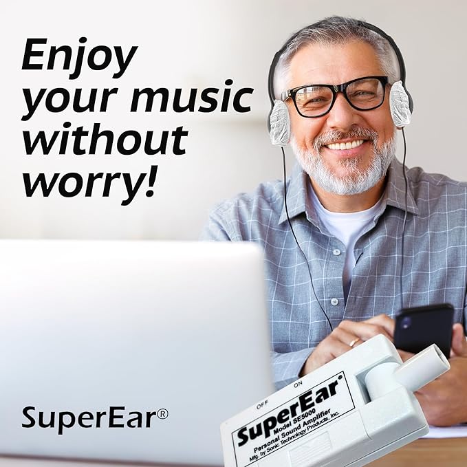 SuperEar Bundle: Personal Sound Amplifier Model SE5000 (PSAP) Pocket-Size Audio Amplifier with Headphones and Earbuds for Listening Assist & 50 Pair, 2.5" Disposable Sanitary Ear Covers for Hygiene
