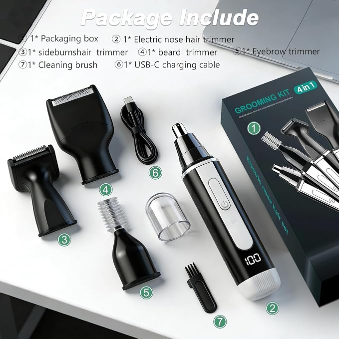 Nose Hair Trimmer for Men and Women: 4-in-1 Rechargeable Grooming Kit for Nose, Ear, Eyebrow & Beard, LED Display, High-Speed Precision Motor, USB-C Charging, Waterproof, Travel-Friendly (Black)