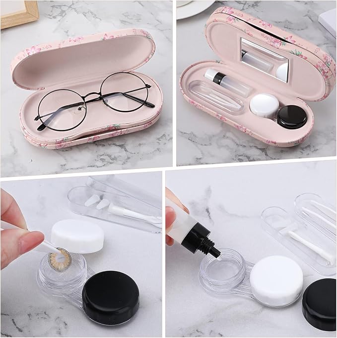 MoKo Double Eyeglass Case, 2 in 1 Double Sided Portable Glasses Case Contact Lens Case with Mirror Eye Glasses Carrying Bag Anti-Scratch Sunglasses Pouch Protective Eyewear for Men&Women, Pink Flowers