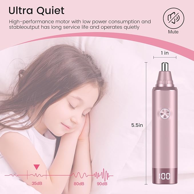Ear and Nose Hair Trimmer for Men and Women, Painless USB Rechargeable Electric Facial & Eyebrow Hair Remover with LED Display, Dual-Edge Blades for Smooth,13000 RPM Motor IPX7 Waterproof (Rose Gold)