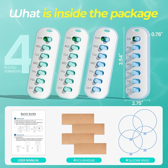 Odaro 4 Pack Pill Reminder, Lanyad or Sticker Pill Tracker, Work with Most Bottles, Reusable Medication Tracker Replacement of Vitamin Weekly (7 Day) Medicine Organizer