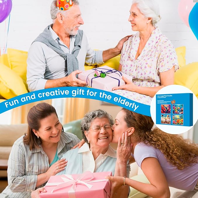 4 Pack Large Piece Puzzles for Seniors With Dementia and Alzheimer's - 24 Piece Jigsaw With Fish, Tower, Hummingbird, Flower Themes - Memory Games for Elderly