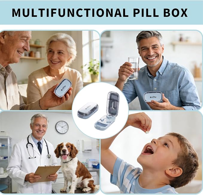 Pill Cutter Splitter for Small and Tiny Pills - Adjustable Pill Splitter with Centering Device for Cutting Multiple Pills, Accurate Alignment and Easy to Use, Storage Organizer (2Blue)