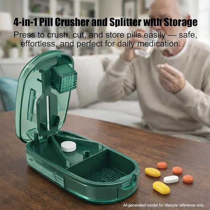 Small Pill Cutter, Tablet Splitter for Tiny and Large Pills, Portable Pill Press and Divider for Vitamins, Travel Organizer with Safety Blade Guard– Green