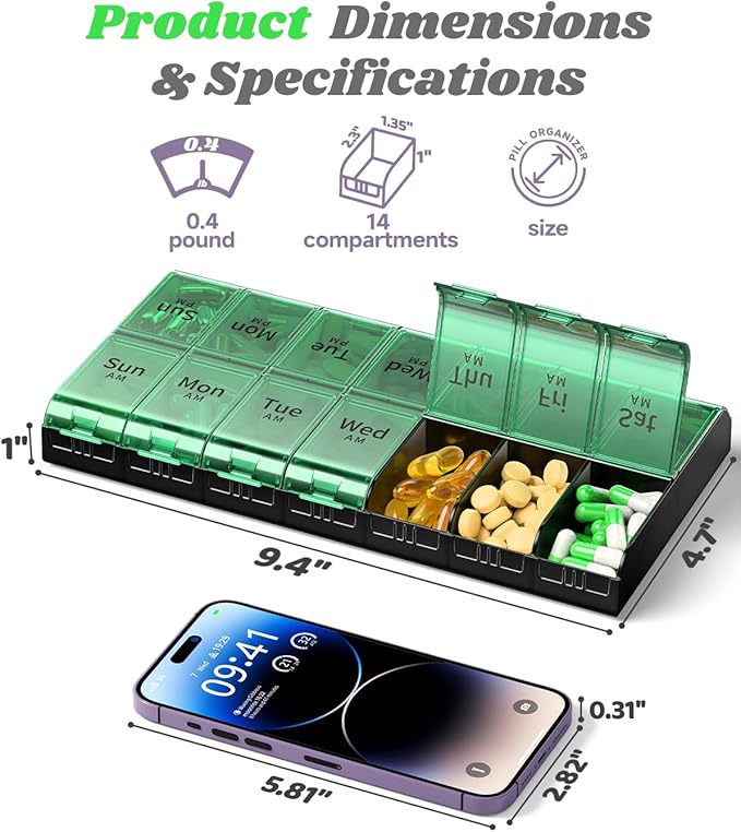 Extra Large Pill Organizer 2 Times a Day, XL 7 Day Pill Box AM PM, Jumbo Weekly Pill Case, Daily Night Oversized Medicine Organizer, Vitamin Holder, Big Pill Container, Twice a Day Pill Organizer