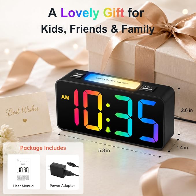 DreamSky Small Digital Alarm Clock with Night Light for Kids Bedroom | RGB Desk Clock with Large Numbers for Teens Boys, Brightness Dimmer, Adjustable Alarm Volume, USB Port, USB-C Adapter Powered