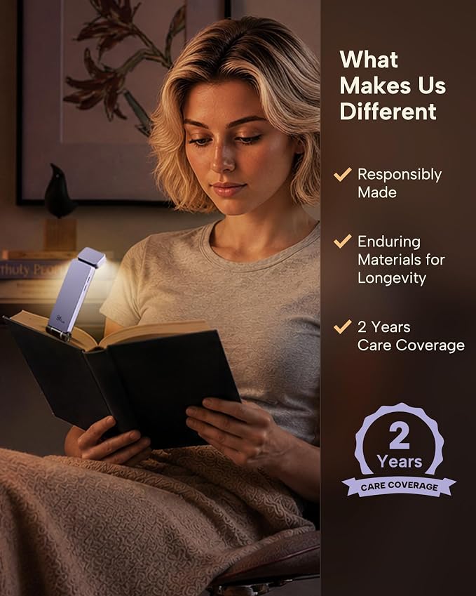 86lux Book Light, Rechargeable Clip-On LED Reading Light for Bed | 3 Color Temperatures with Stepless Dimming, Ultralight Bookmark Design for Book Lovers, Purple