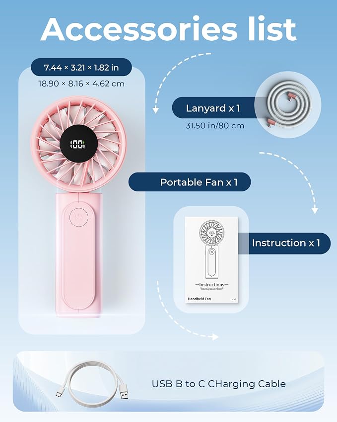 Peiyuu Handheld Portable Fan, 4000mAh USB Rechargeable Personal Fan, 180° Foldable Mini Desk Fan with 6 Wind Speed, LCD Digital Display, Lanyard as Neck Fan, Ultra Quiet
