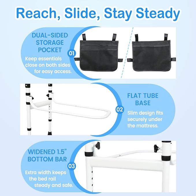 Bed Rails for Elderly Adults Safety, Bed Cane for Seniors, 300 Lbs | Adjustable Height Grab Bar Handrails with 2 Ergonomic Handles & Storage Pocket, 180° Foldable Bed Rails for Seniors