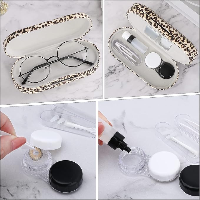 MoKo Double Eyeglass Case, Contact Lens Case with Mirror Tweezers Remover, 2 in 1 Double Sided Portable Contact Lens Box Holder Container Storage Kit Sunglasses Pouch for Men & Women, Leopard