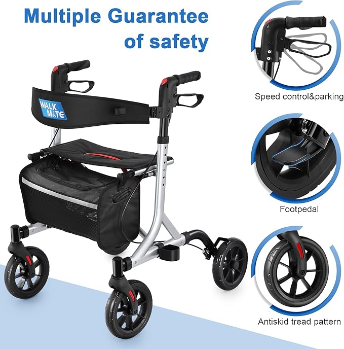 WALK MATE Rollator Walker for Seniors with Cup Holder, Upgraded Thumb Press Button for Height Adjustment, 4 x 8 Wheels Walker with Seat Padded Backrest Folding Lightweight Walking Aid, Silver