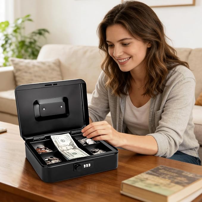 Jssmst Large Cash Box with Combination Lock – Durable Metal Cash Box with Money Tray Black(9.8 x 7.9 x 3.5), SM-CB07001L