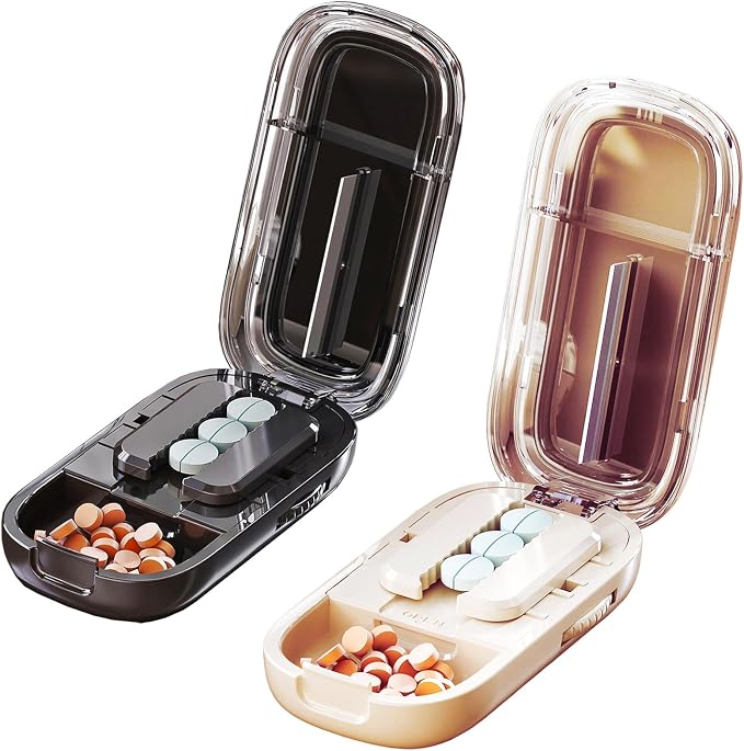 Pill Cutter Splitter for Small and Tiny Pills - Adjustable Pill Splitter with Centering Device for Cutting Multiple Pills, Precision Alignment, Easy to Use and Travel Sized (White+Black)